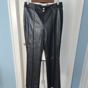NYC Black Faux Leather Pants 8 With Gold Buttons Attached Belt Y2k